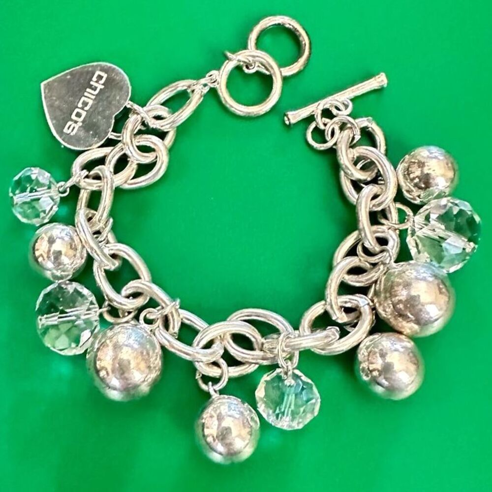 Chico's Silver Tone Beaded Heart Charm Toggle Bracelet - 6.5 - 7.5"